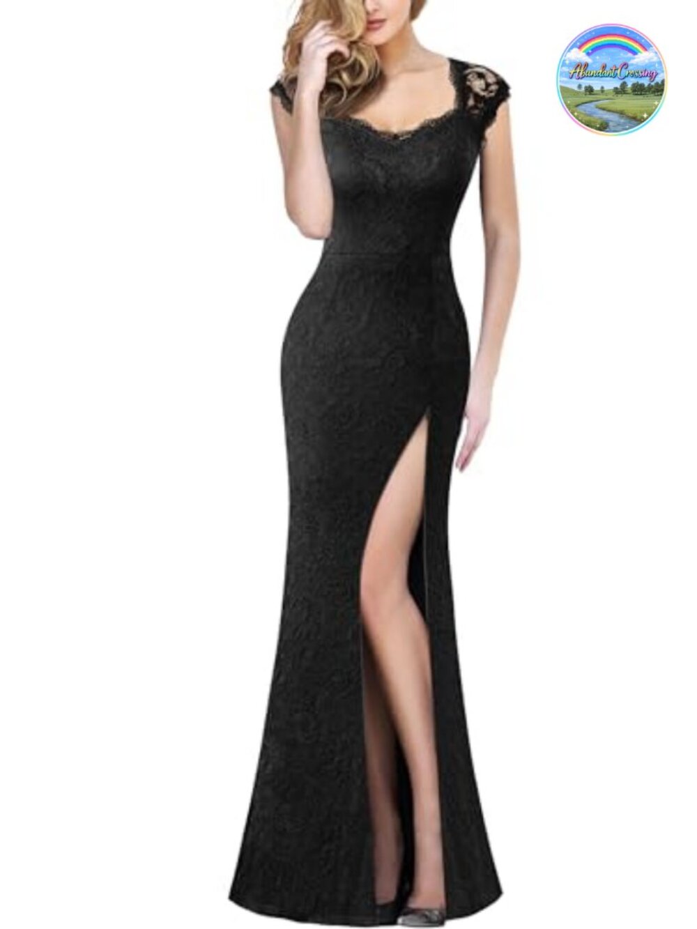 Womens Floral Lace Sweetheart Neck Open Back High Split Formal Evening Gown